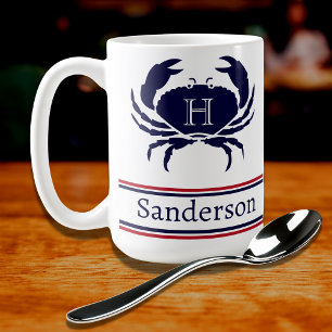 Monogrammed Red White Navy Blue Crab Nautical Coffee Mug