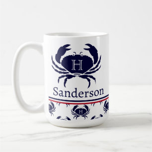 Monogrammed Red White Navy Blue Crab Nautical Coffee Mug