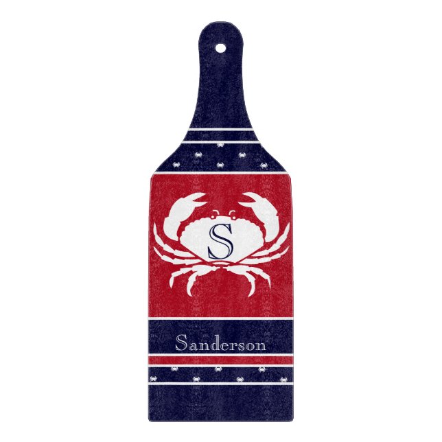 Monogrammed Red White Navy Blue Crab Nautical Cutting Board (Front)