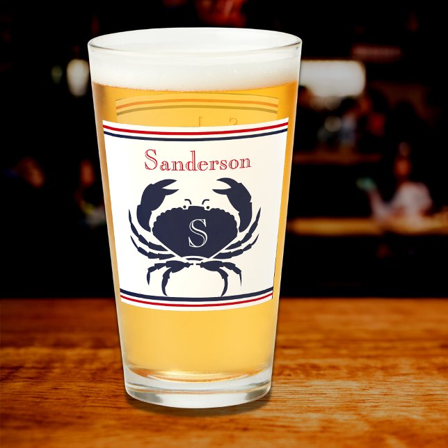 Monogrammed Red White Navy Blue Crab Nautical Glas Glass (Creator Uploaded)