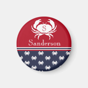Monogrammed Red White Navy Blue Crab Nautical   Ma Magnet