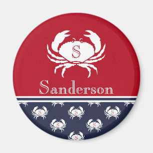 Monogrammed Red White Navy Blue Crab Nautical Magnet