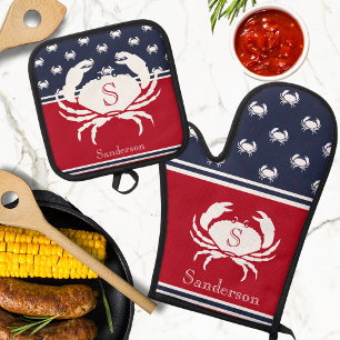 Monogrammed Red White Navy Blue Crab Nautical Oven Mitt & Pot Holder Set
