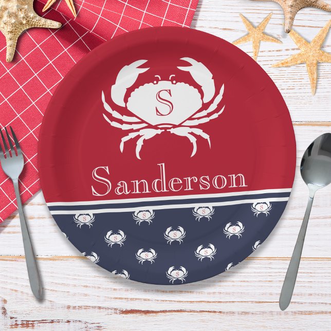 Monogrammed Red White Navy Blue Crab Nautical Paper Plate (Creator Uploaded)