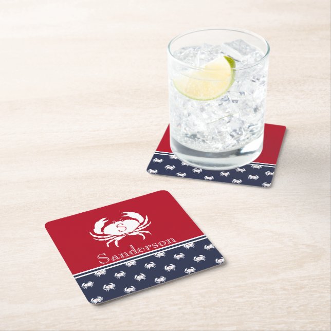 Monogrammed Red White Navy Blue Crab Nautical  Square Paper Coaster (Insitu)