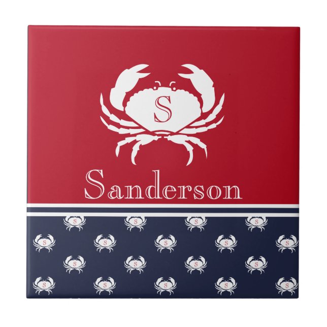 Monogrammed Red White Navy Blue Crab Nautical   Tile (Front)