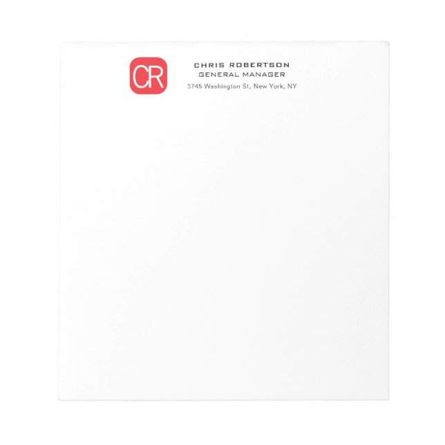 Monogrammed Red White Professional Plain Notepad (Front)
