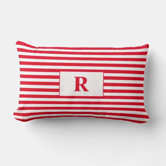 Monogrammed Red/White Stripes Lumbar Pillow (Front)