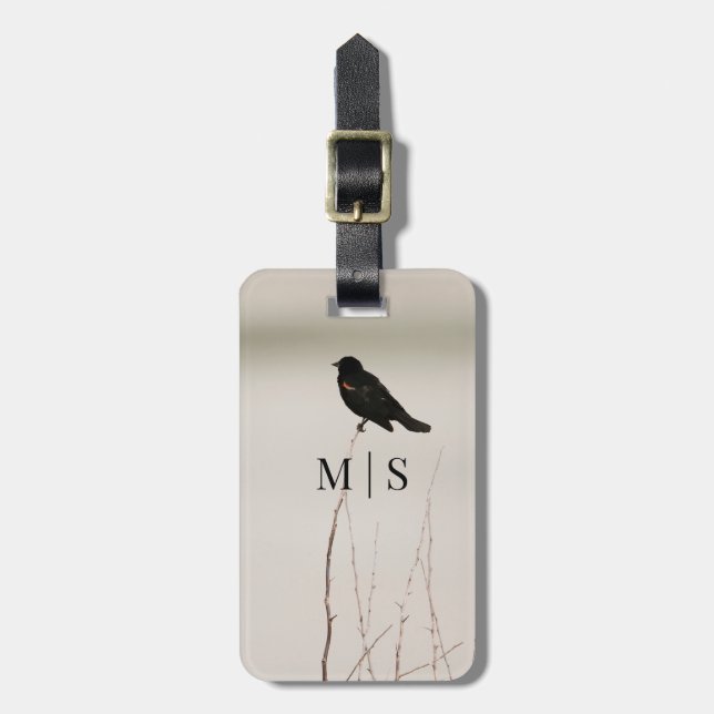 Monogrammed Red-Winged Blackbird On Branch Luggage Tag (Front Vertical)