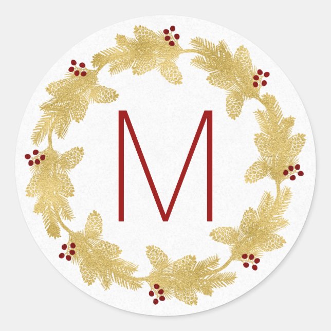 Monogrammed Rejoice with Dove Gold Holiday Wreath Classic Round Sticker (Front)