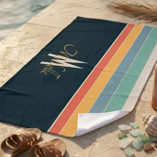 Monogrammed Retro 70s Navy Blue & Colourful Sripes Beach Towel