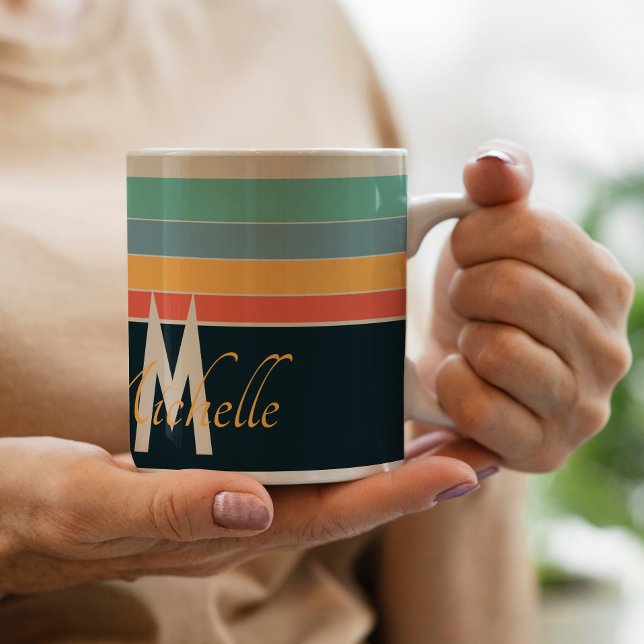 Monogrammed retro 70s navy blue pink Stripes Coffee Mug (Creator Uploaded)