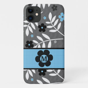 Monogrammed Retro Blue Floral Theme iPhone 11 Case