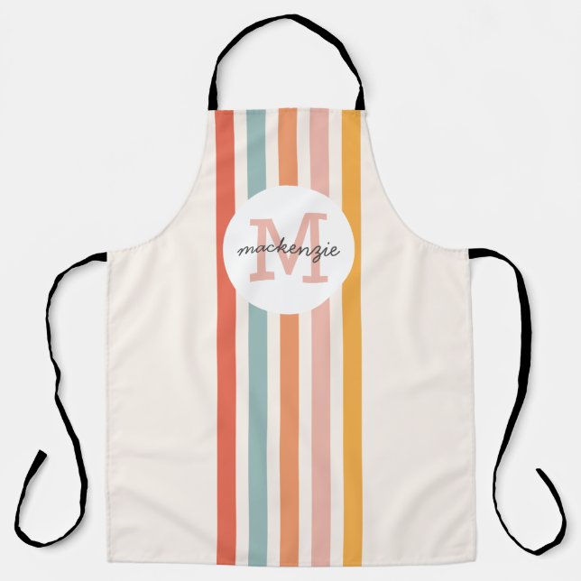 Monogrammed Retro Colourful Stripes Personalised Apron (Front)