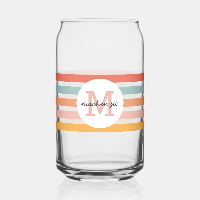 Monogrammed Retro Colourful Stripes Personalised Can Glass (Front)
