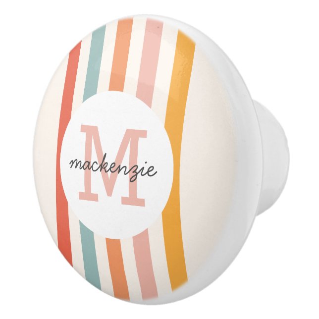 Monogrammed Retro Colourful Stripes Personalised Ceramic Knob (Right)