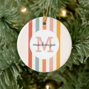 Monogrammed Retro Colourful Stripes Personalised Ceramic Tree Decoration