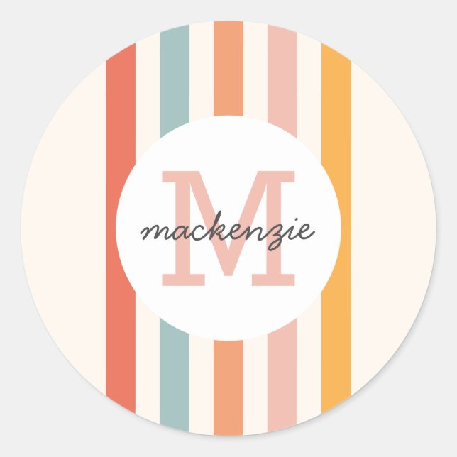 Monogrammed Retro Colourful Stripes Personalised Classic Round Sticker (Front)