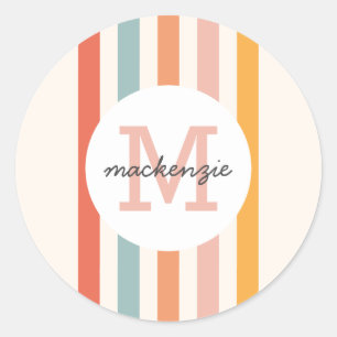 Monogrammed Retro Colourful Stripes Personalised Classic Round Sticker