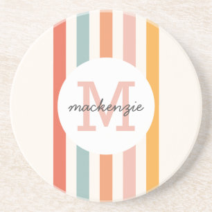 Monogrammed Retro Colourful Stripes Personalised Coaster