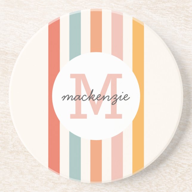 Monogrammed Retro Colourful Stripes Personalised Coaster (Front)