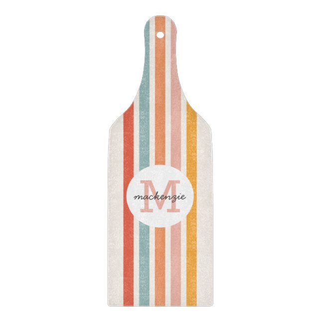 Monogrammed Retro Colourful Stripes Personalised Cutting Board (Front)