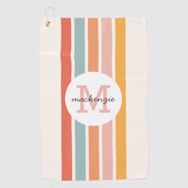 Monogrammed Retro Colourful Stripes Personalised Golf Towel (Front)