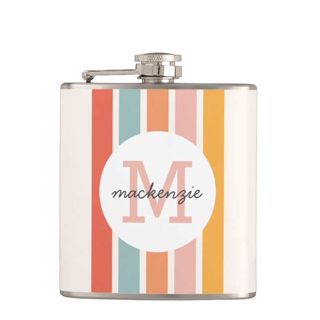 Monogrammed Retro Colourful Stripes Personalised Hip Flask (Front)