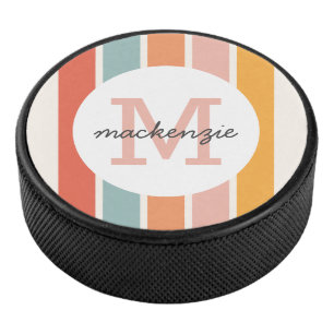 Monogrammed Retro Colourful Stripes Personalised Hockey Puck