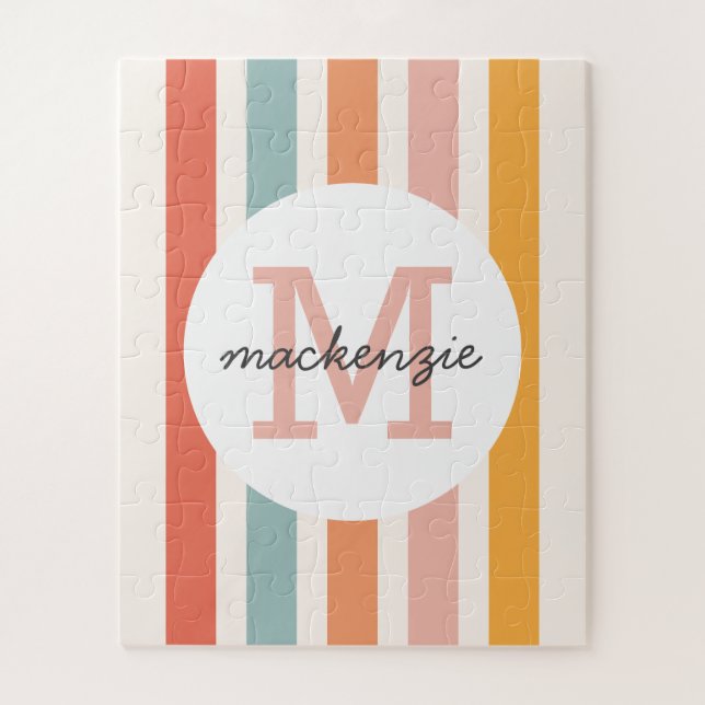 Monogrammed Retro Colourful Stripes Personalised Jigsaw Puzzle (Vertical)