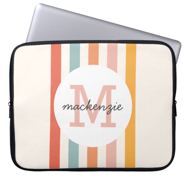 Monogrammed Retro Colourful Stripes Personalised Laptop Sleeve (Front)