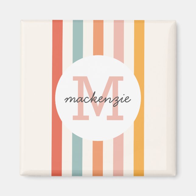 Monogrammed Retro Colourful Stripes Personalised Magnet (Front)