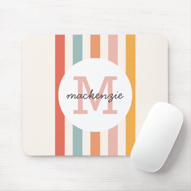 Monogrammed Retro Colourful Stripes Personalised Mouse Mat (With Mouse)