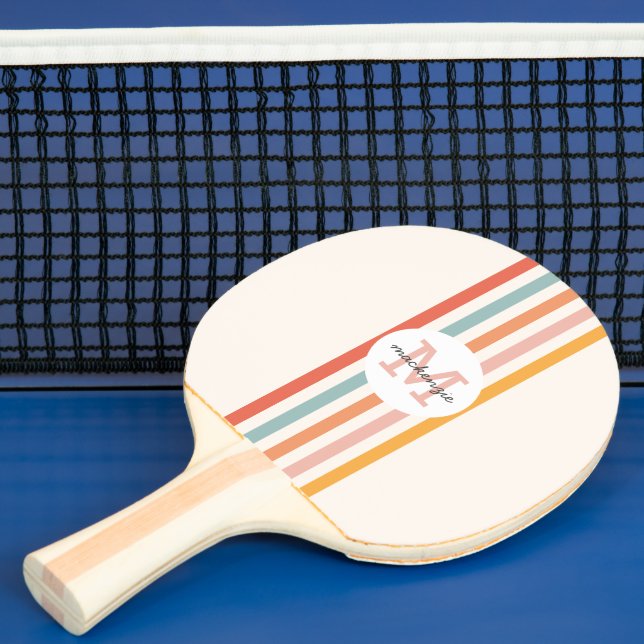 Monogrammed Retro Colourful Stripes Personalised Ping Pong Paddle (Insitu)