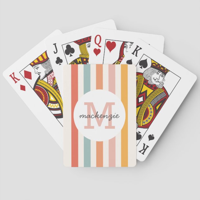 Monogrammed Retro Colourful Stripes Personalised Playing Cards (Back)
