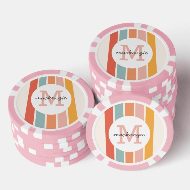 Monogrammed Retro Colourful Stripes Personalised Poker Chips (Stack)