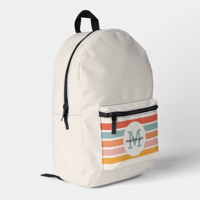 Monogrammed Retro Colourful Stripes Personalised Printed Backpack (Back Corner Left)