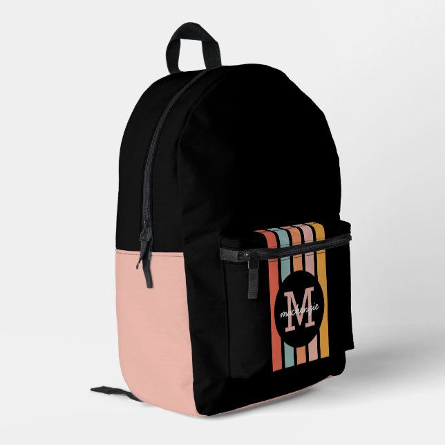 Monogrammed Retro Colourful Stripes Personalised Printed Backpack (Back Corner Left)