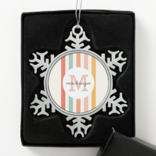 Monogrammed Retro Colourful Stripes Personalised Snowflake Pewter Christmas Ornament