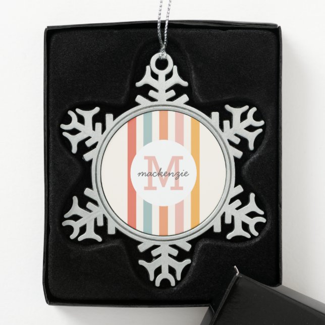 Monogrammed Retro Colourful Stripes Personalised Snowflake Pewter Christmas Ornament (Box)