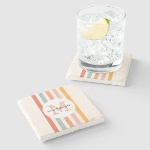 Monogrammed Retro Colourful Stripes Personalised Stone Coaster