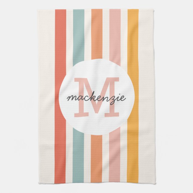 Monogrammed Retro Colourful Stripes Personalised Tea Towel (Vertical)