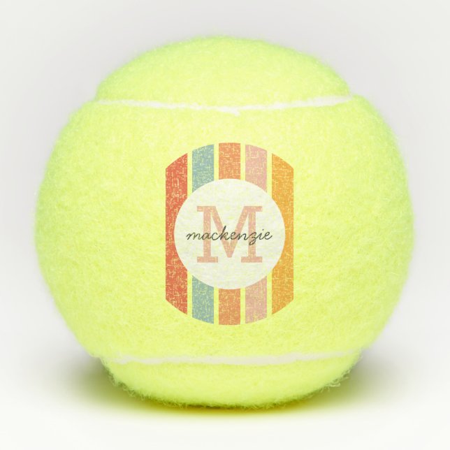 Monogrammed Retro Colourful Stripes Personalised Tennis Balls (Front)