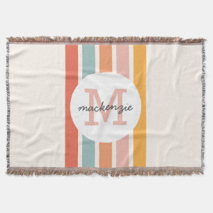 Monogrammed Retro Colourful Stripes Personalised Throw Blanket