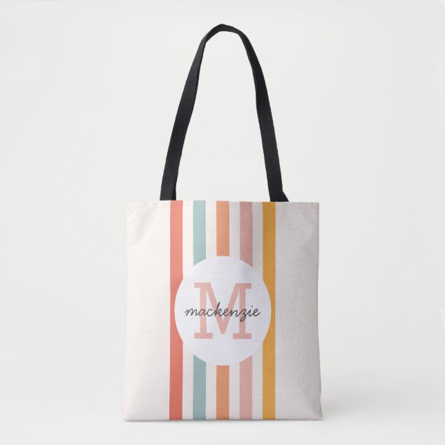 Monogrammed Retro Colourful Stripes Personalised Tote Bag (Front)
