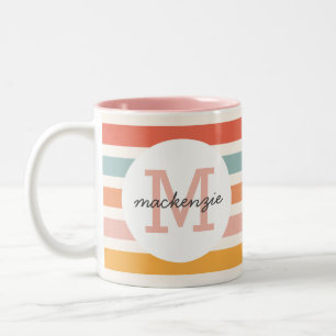 Monogrammed Retro Colourful Stripes Personalised Two-Tone Coffee Mug