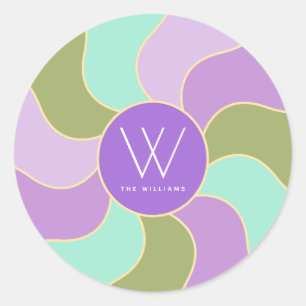 Monogrammed Retro Purple Sun Waves Classic Round Sticker