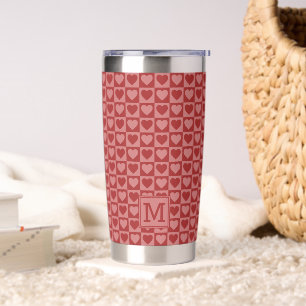 Monogrammed Retro Red and Pink Heart Pattern Insulated Tumbler