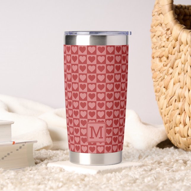 Monogrammed Retro Red and Pink Heart Pattern Insulated Tumbler (Living Room)