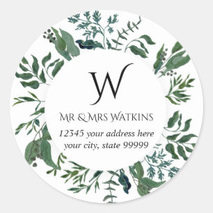 Monogrammed Return Address Emerald Forest Foliage Classic Round Sticker